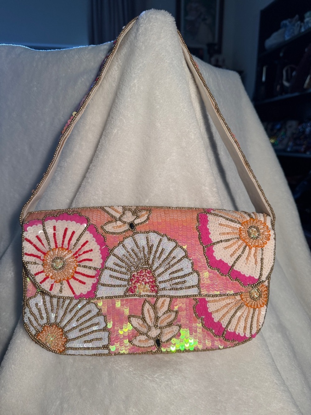 Stunning Pink Floral Sequin Shoulder Bag